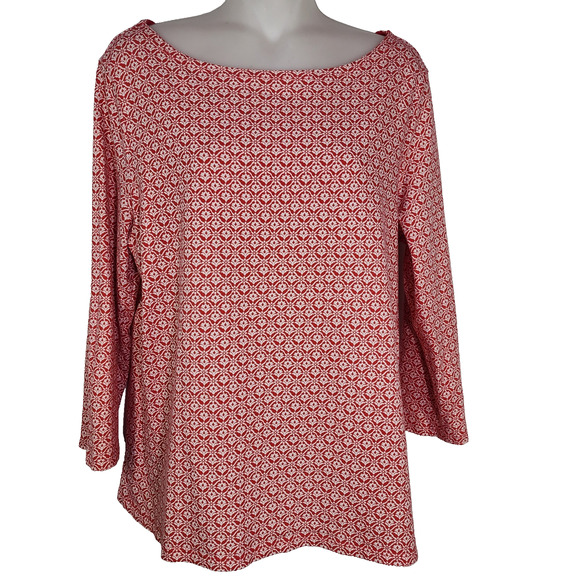 Talbots Top Tee Womens Large Printed 3/4 Sleeve Knit Bateau Neck T-Shirt Red - Picture 1 of 8